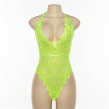 Load image into Gallery viewer, Cryptographic Backless halter lace bodysuit transparent female body hot sexy teddies 2019 jumpsuits women deep V sheer bodysuits