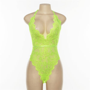 Cryptographic Backless halter lace bodysuit transparent female body hot sexy teddies 2019 jumpsuits women deep V sheer bodysuits