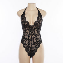 Load image into Gallery viewer, Cryptographic Backless halter lace bodysuit transparent female body hot sexy teddies 2019 jumpsuits women deep V sheer bodysuits