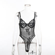Load image into Gallery viewer, Cryptographic hot sale sheer lace bodysuit women backless transparent mesh bow sexy jumpsuit 2019 catsuit straps bodysuits thong