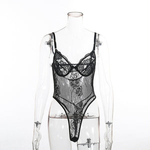 Cryptographic hot sale sheer lace bodysuit women backless transparent mesh bow sexy jumpsuit 2019 catsuit straps bodysuits thong