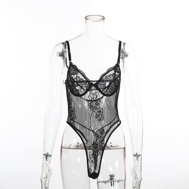 Cryptographic hot sale sheer lace bodysuit women backless transparent mesh bow sexy jumpsuit 2019 catsuit straps bodysuits thong