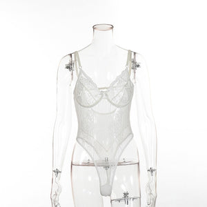Cryptographic hot sale sheer lace bodysuit women backless transparent mesh bow sexy jumpsuit 2019 catsuit straps bodysuits thong