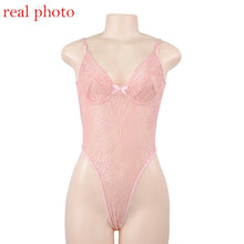 Load image into Gallery viewer, Cryptographic hot sale sheer lace bodysuit women backless transparent mesh bow sexy jumpsuit 2019 catsuit straps bodysuits thong